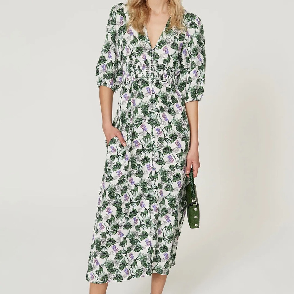 Maje Green and White Midi Dress with V-Neck and Bishop Sleeves